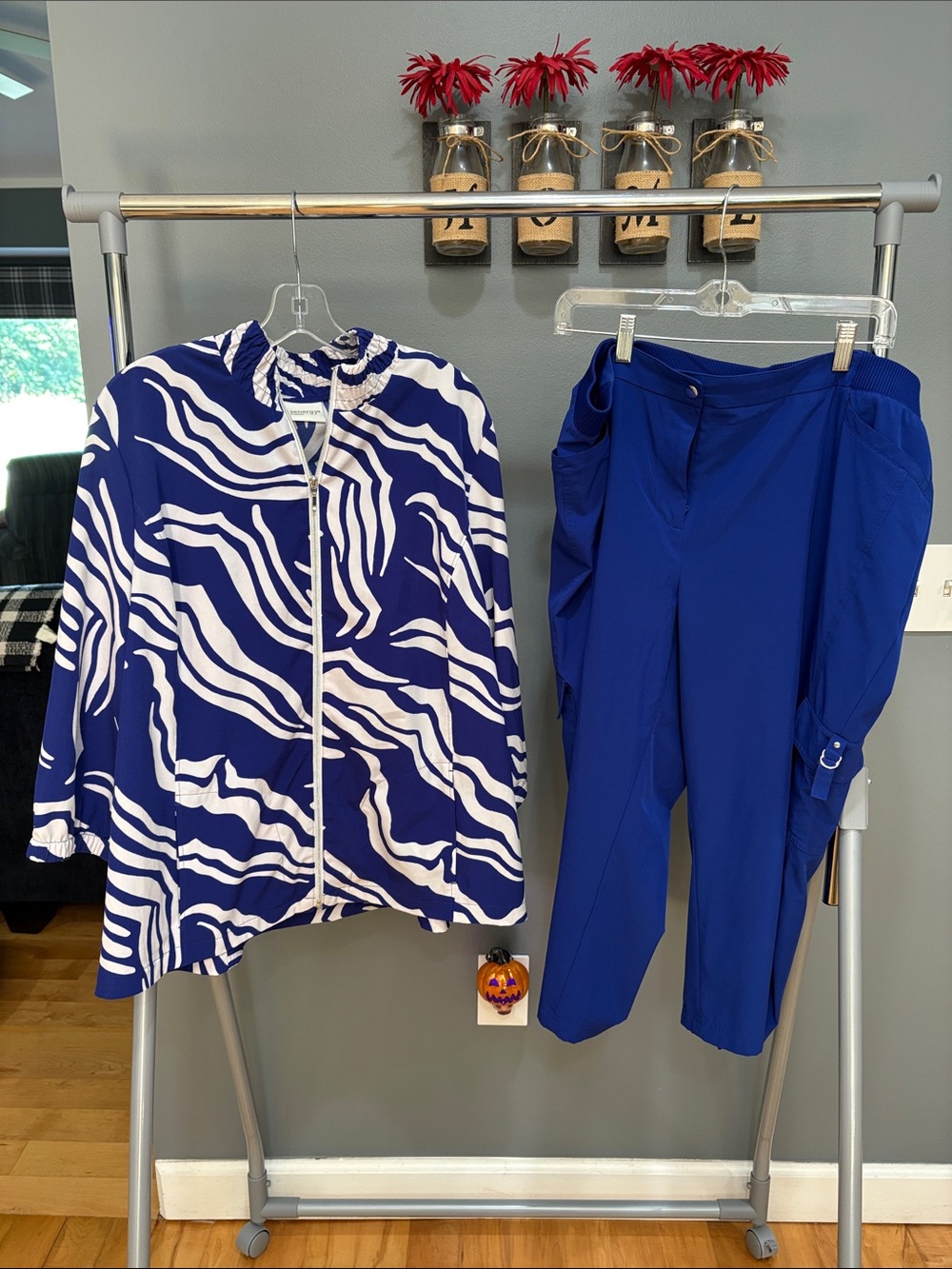 Chico's Bold Blue & White Zebra-Print Jacket with Solid Blue Pants